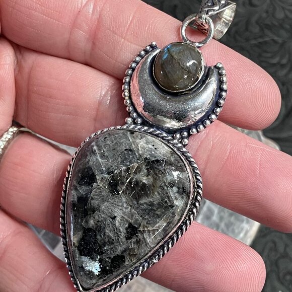 Larvikite Labradorite and Crescent Moon Witchy Fairycore Pendant - Picture 3 of 6